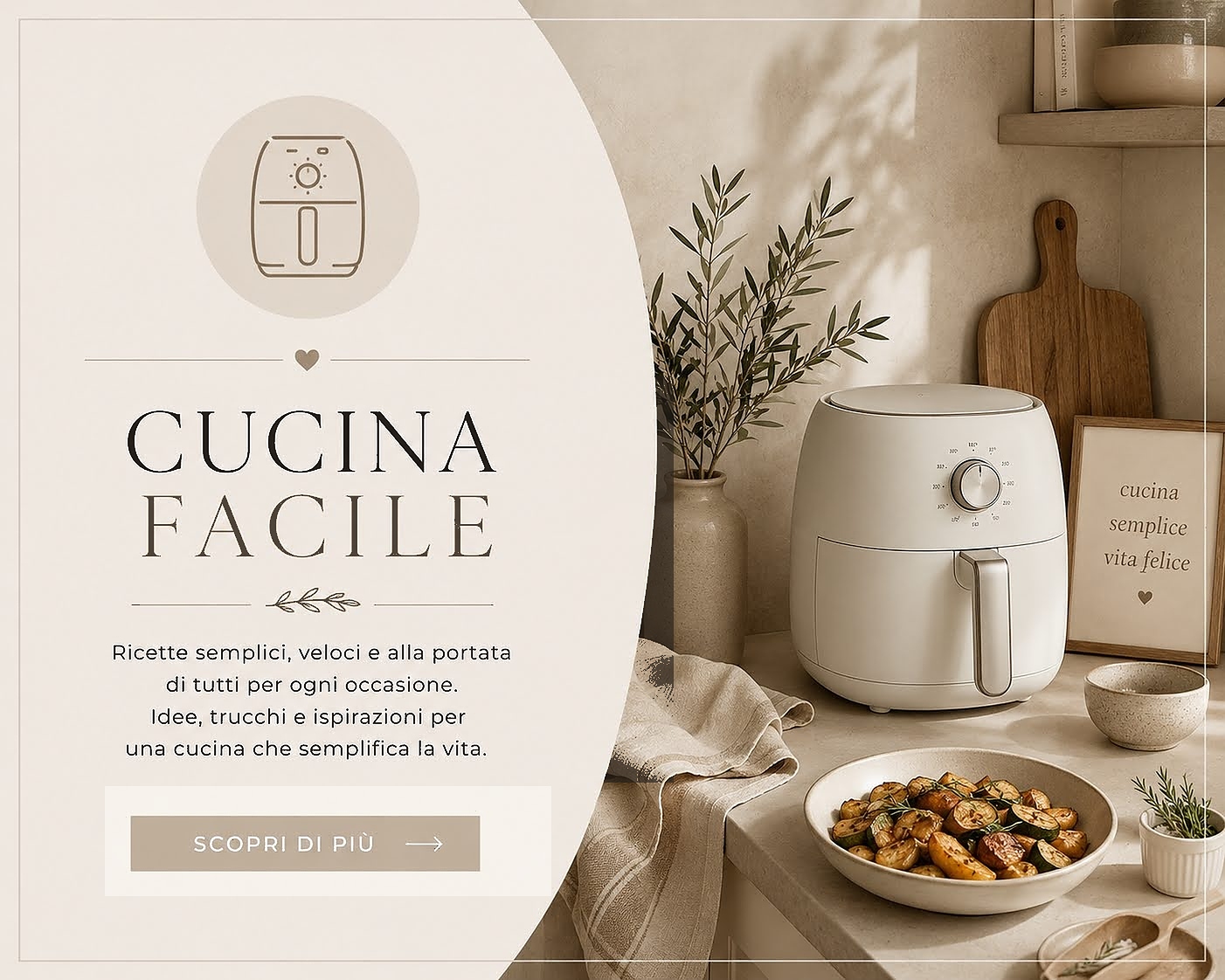 Cucina facile: ricette semplici e veloci, con una friggitrice ad aria in una cucina dai toni beige naturali