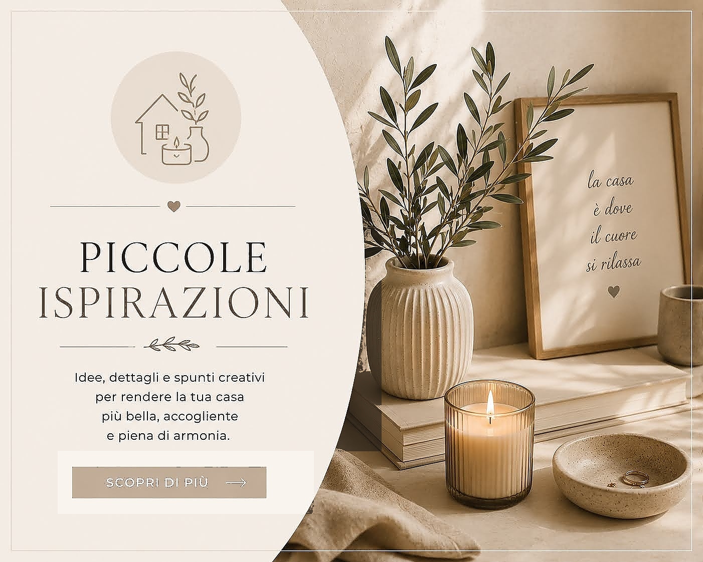 Piccole ispirazioni: idee creative per una casa accogliente, con vaso, candela e dettagli nei toni beige naturali