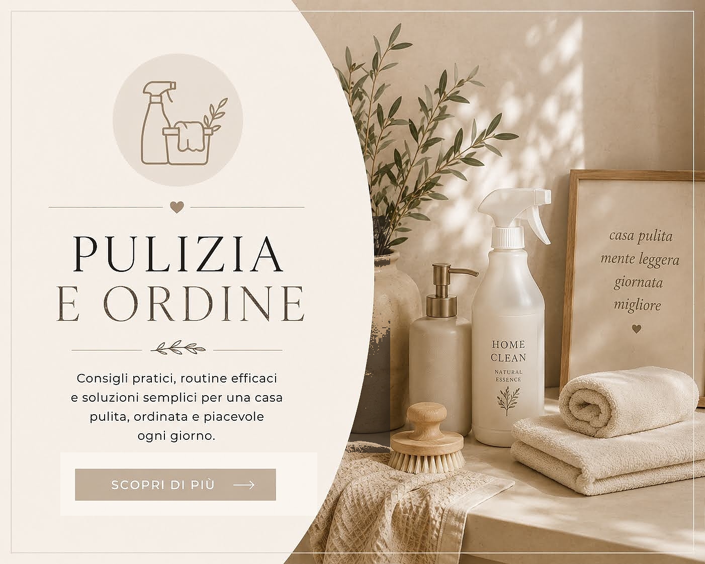 Pulizia e ordine: consigli pratici per una casa ordinata, con prodotti e tessili nei toni beige naturali
