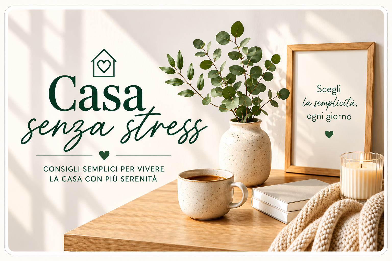 Casa senza stress: un angolo di casa luminoso con vaso, tazza, candela e il logo Casa senza stress
